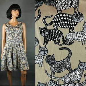 Nooworks cat print dress with Peter Pan collar